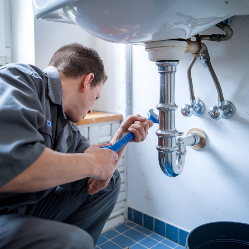 A man is engaged in tightening a pipe with a wrench, showcasing his expertise in plumbing maintenance.