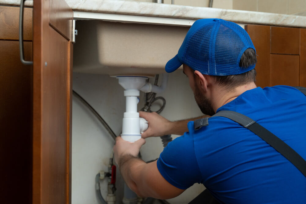 Un plan rapproché des mains d'un technicien utilisant une clé pour réparer et déboucher un tuyau d'évacuation en PVC sous un évier de cuisine moderne, illustrant quand il est nécessaire d'appeler un professionnel.