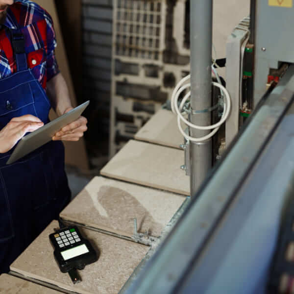Un technicien en salopette utilise une tablette numérique pour inspecter ou entretenir une machine industrielle.