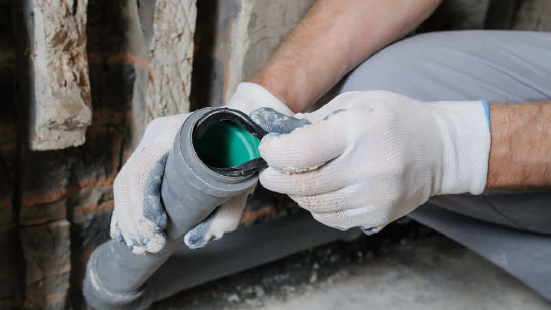 Gros plan sur des mains gantées installant un joint d'étanchéité dans un tuyau en plastique