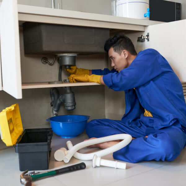 Plombier en uniforme bleu travaillant sous un évier de cuisine avec une boîte à outils à proximité.