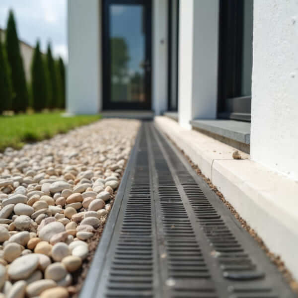 Grille de drainage installée le long d'un mur extérieur de maison, bordée par une zone de graviers décoratifs.